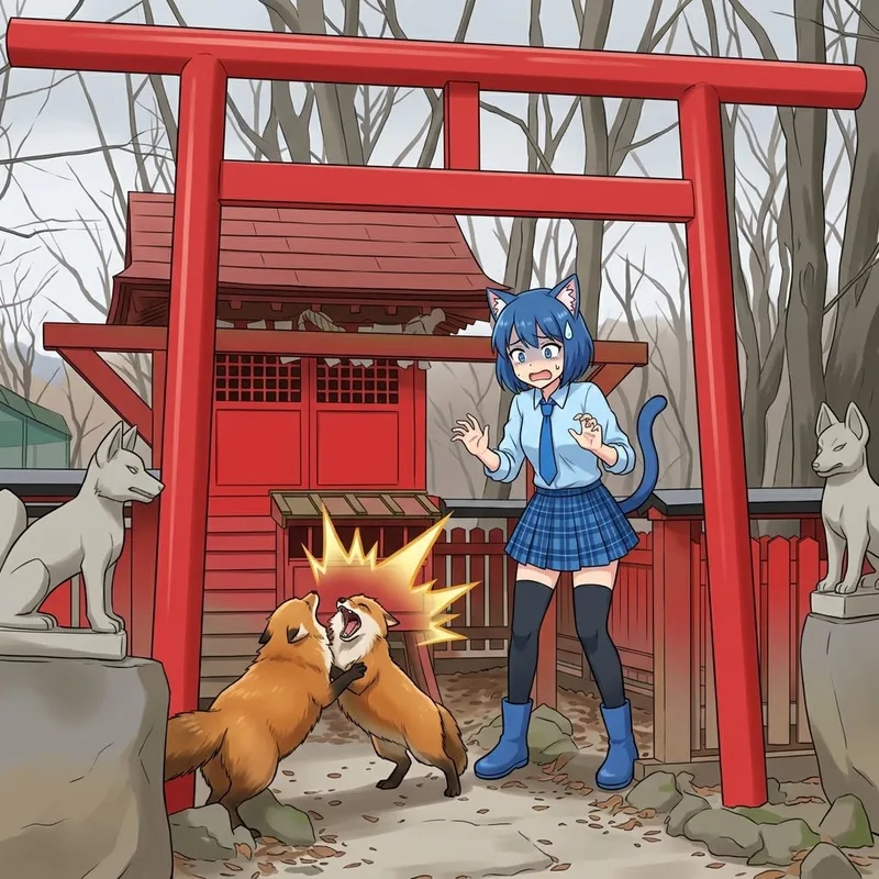 【奇跡の1枚】お稲荷さんの前でまさかのバトル勃発！？🦊