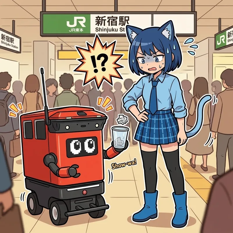【衝撃】新宿駅に現れた自走ゴミ箱ロボの「昭和感」がツボすぎる！🤖